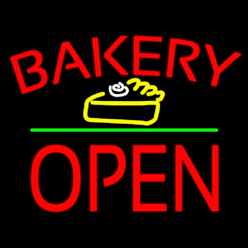 Bakery Logo Block Open Green Line Neon Sign