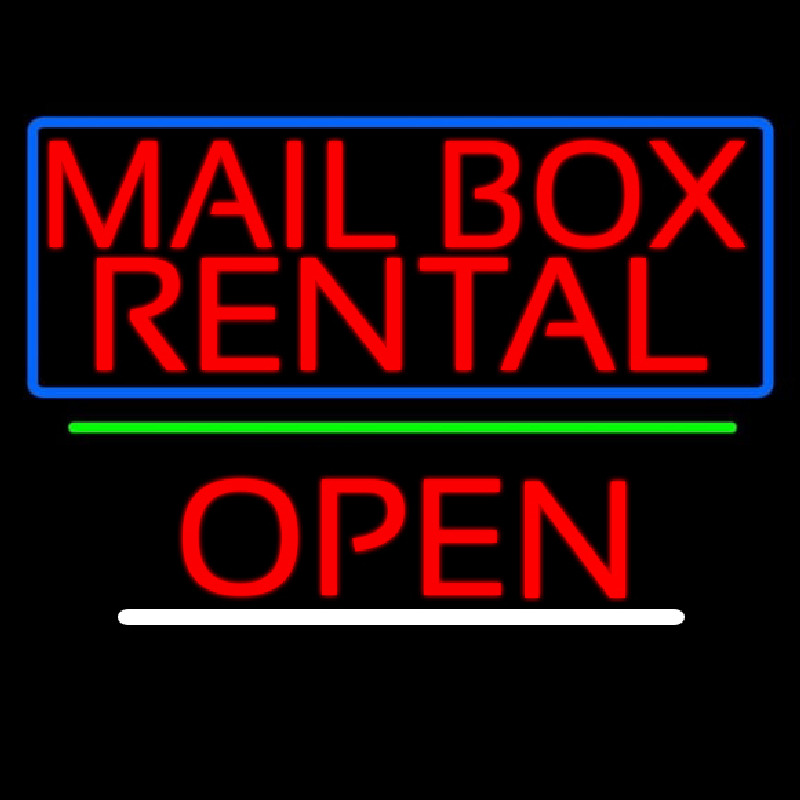 Block Mail Bo  Rental Blue Border With Open 2 Neon Sign