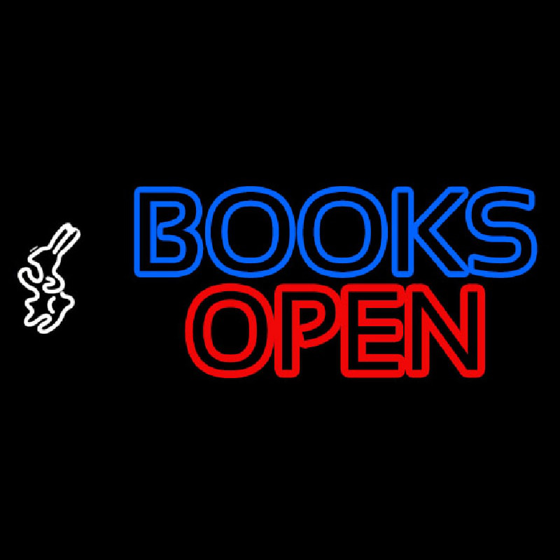 Blue Books With Rabbit Logo Open Neon Sign