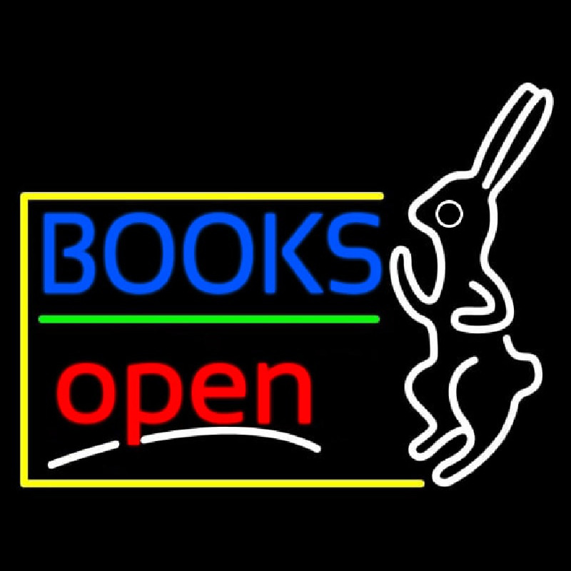 Blue Books With Rabbit Logo Open Neon Sign