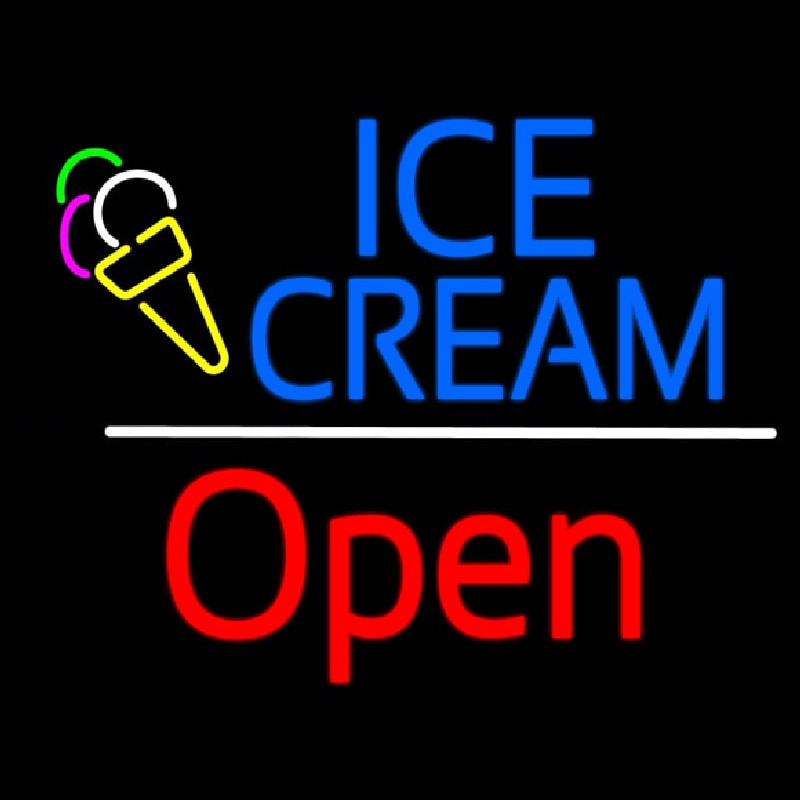 Blue Ice Cream Open Red White Line Neon Sign