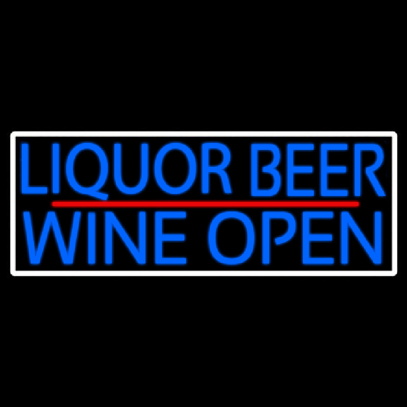 Blue Liquor Beer Wine Open With White Border Neon Sign