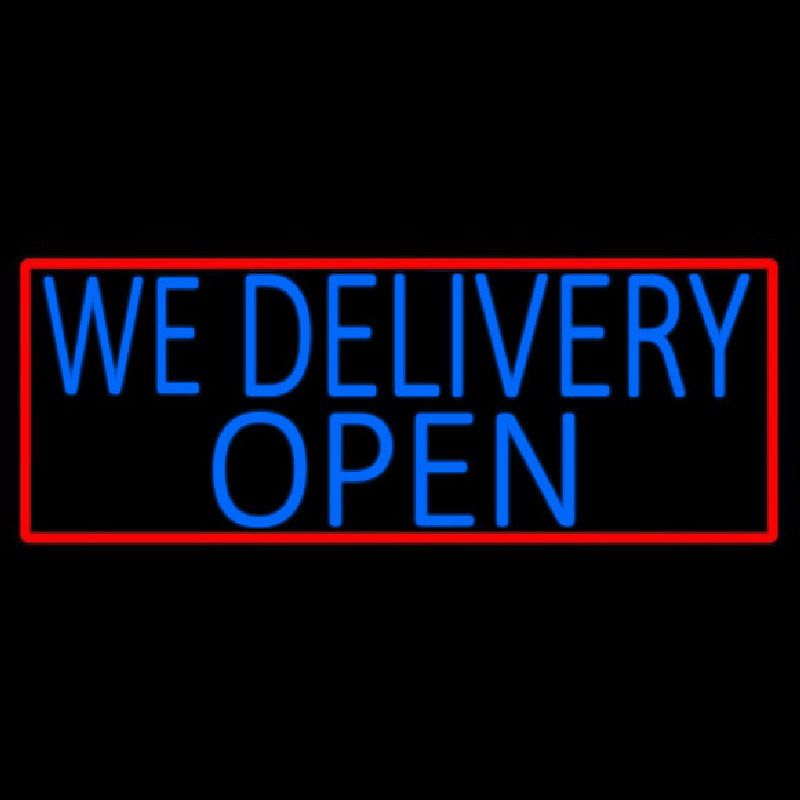 Blue We Deliver Open With Red Border Neon Sign
