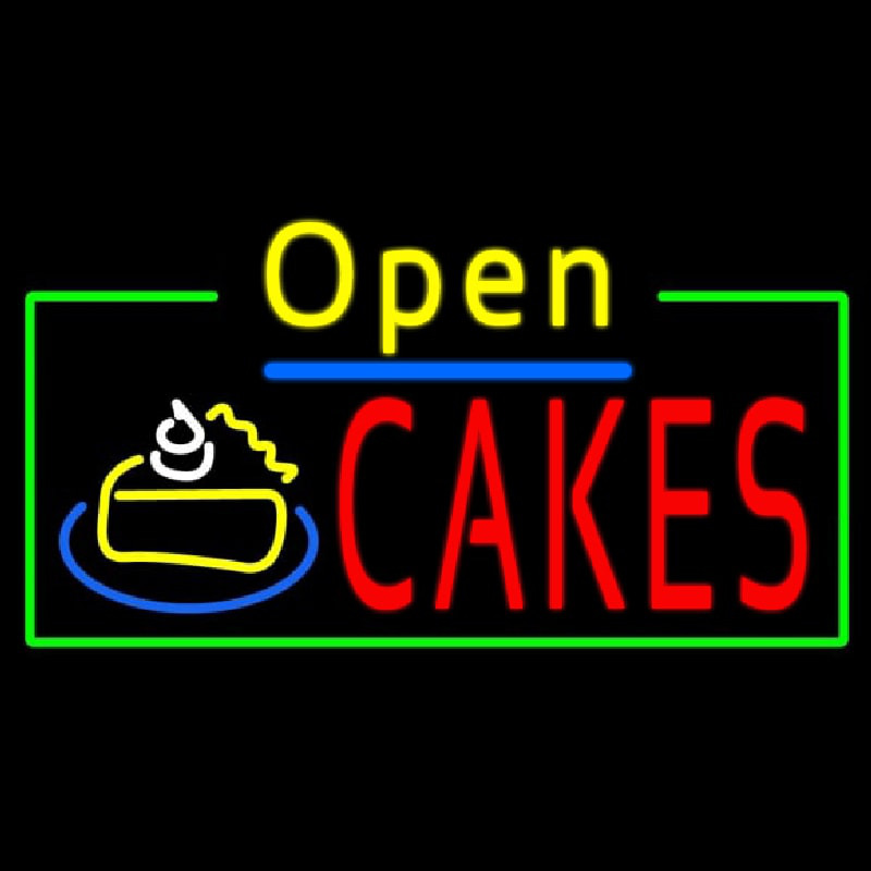 Cakes Open With Green Border Neon Sign