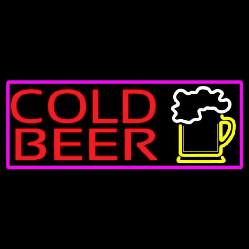 Cold Beer And Beer Mug With Pink Border Neon Sign