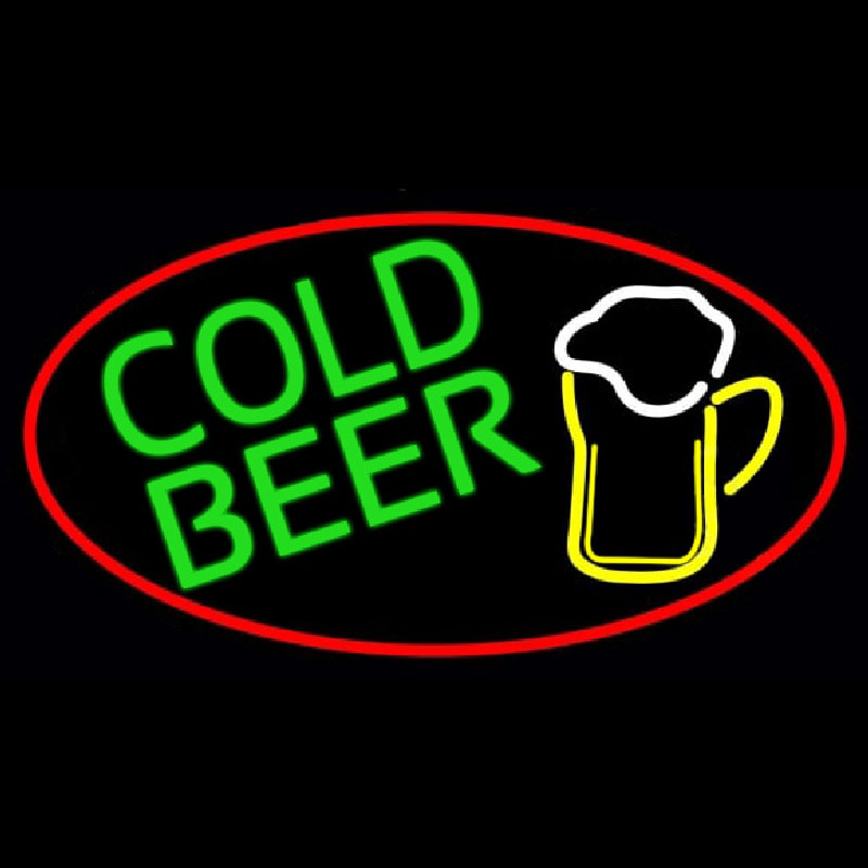 Cold Beer And Mug Oval With Red Border Neon Sign