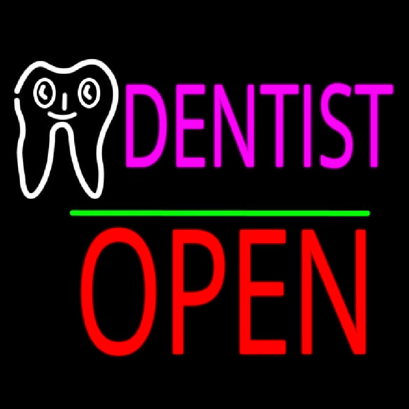 Dentist Logo Block Open Green Line Neon Sign