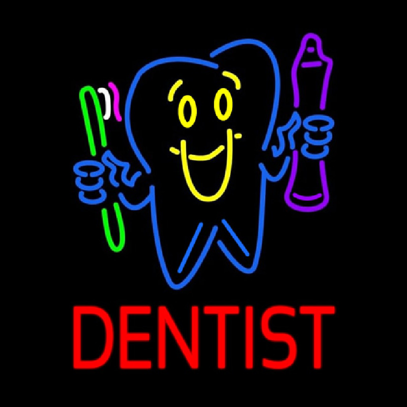 Dentist Tooth Logo With Brush And Paste Neon Sign