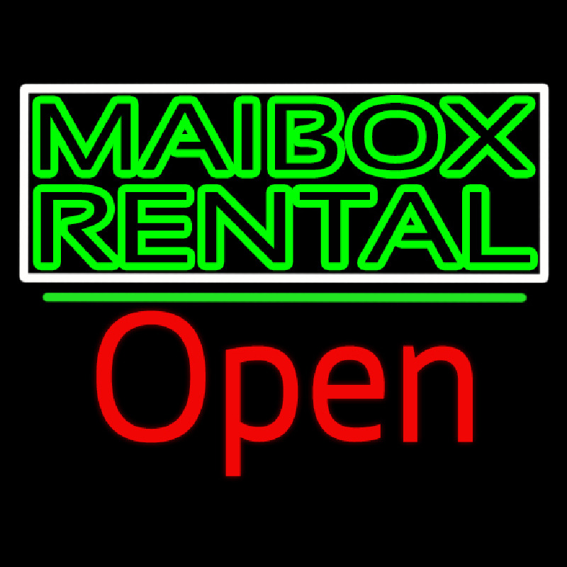 Green Mailbo  Rental Block With Open 2 Neon Sign