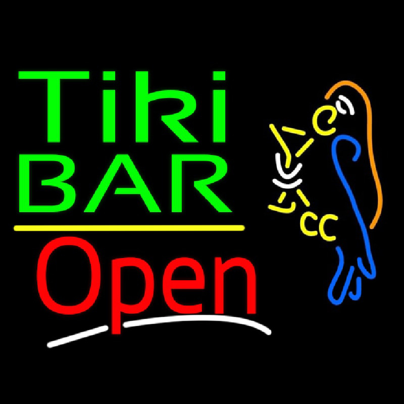 Green Tiki Bar With Parrot Martini Glass Open Neon Sign