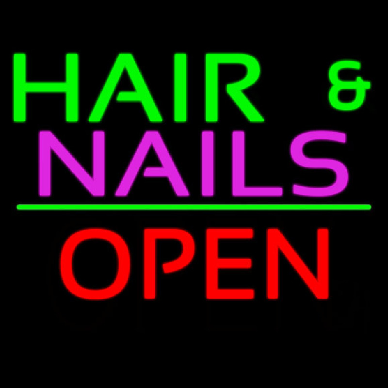 Hair And Nails Block Open Green Line Neon Sign