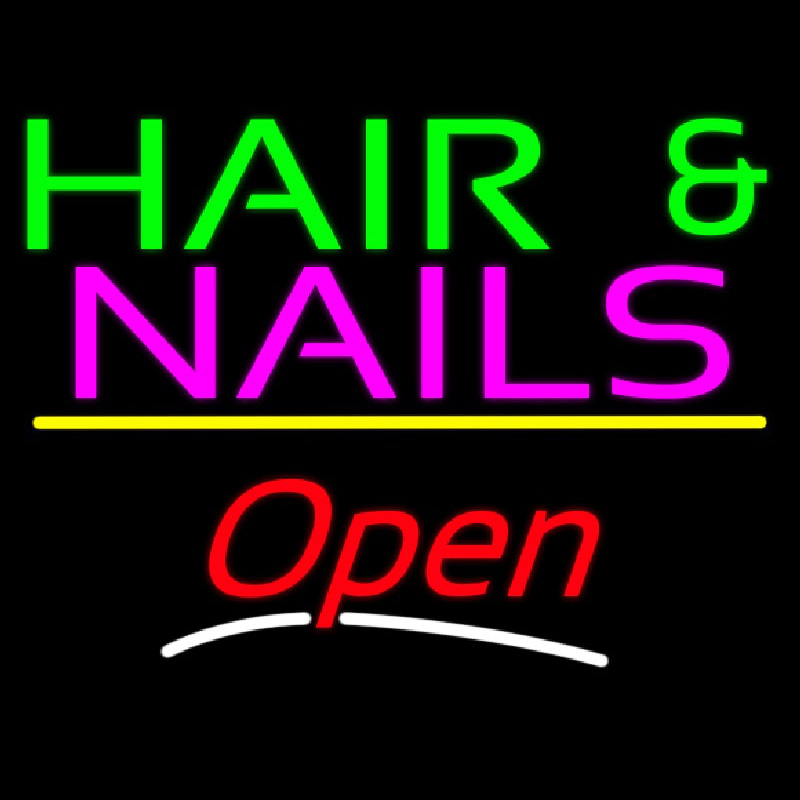 Hair And Nails Open Yellow Line Neon Sign