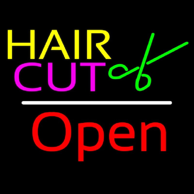 Hair Cut Logo Open White Line Neon Sign