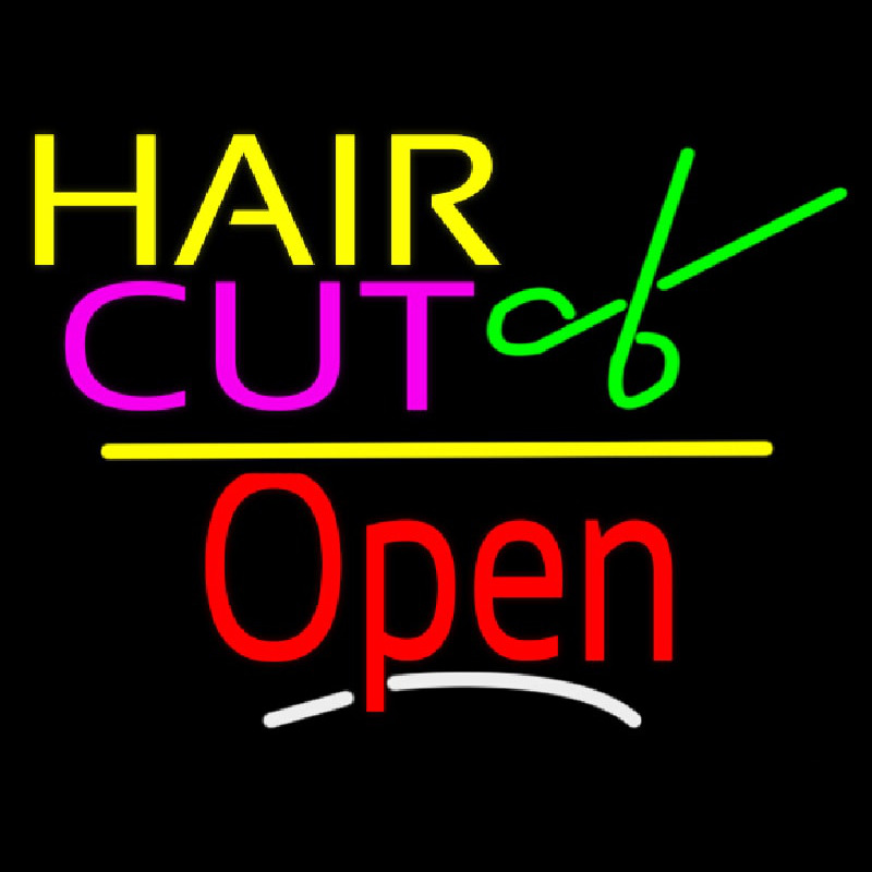 Hair Cut Logo Open Yellow Line Neon Sign