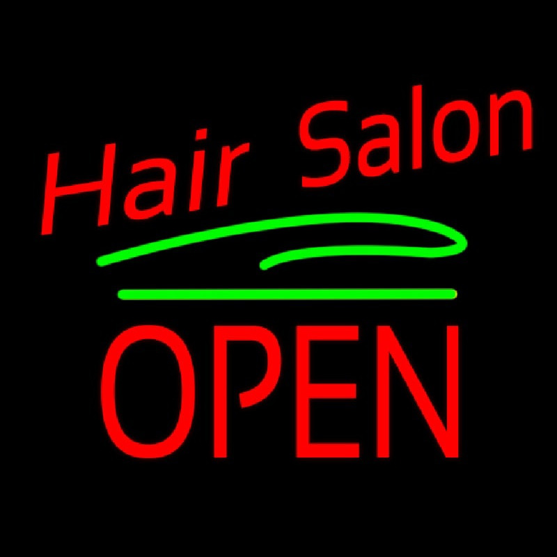 Hair Salon Block Open Green Line Neon Sign