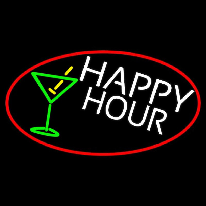 Happy Hour And Martini Glass Oval With Red Border Neon Sign