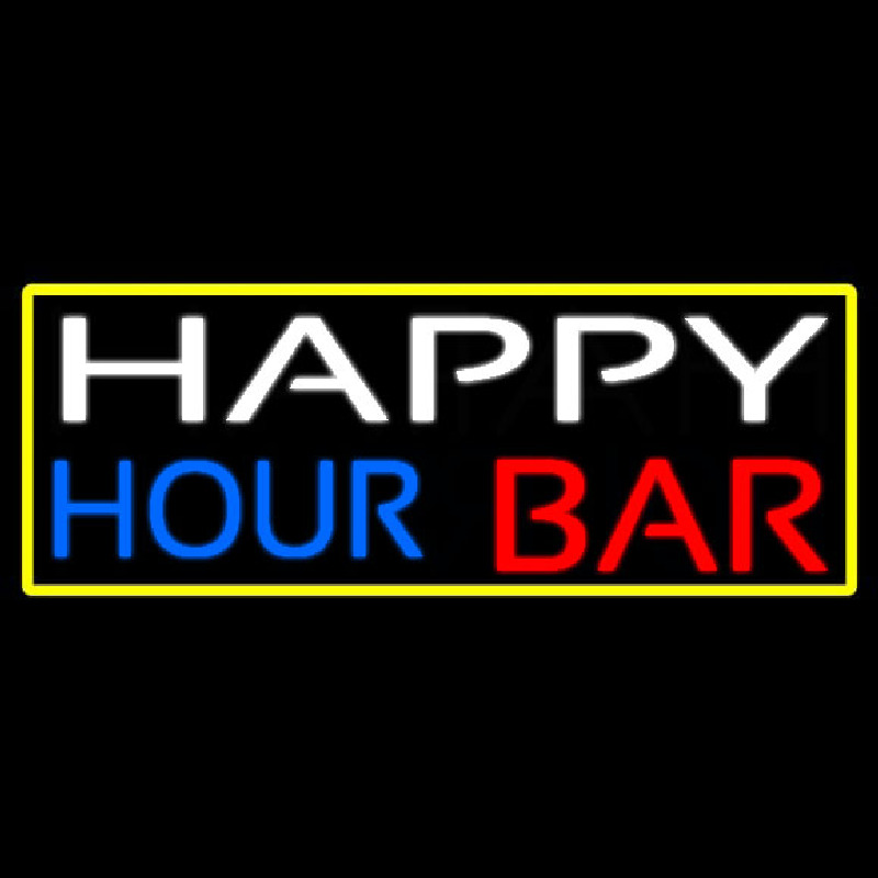 Happy Hour Bar With Yellow Border Neon Sign