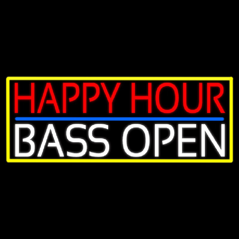 Happy Hour Bass Open With Yellow Border Neon Sign