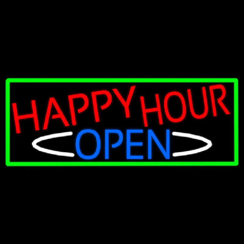 Happy Hour Open With Green Border Neon Sign