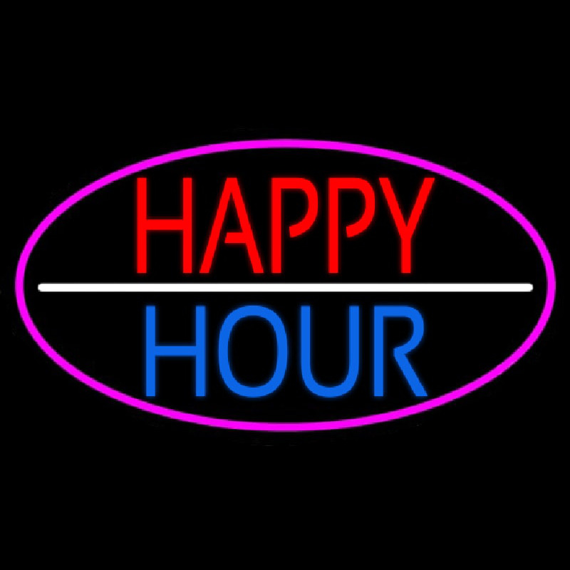 Happy Hour Oval With Pink Border Neon Sign