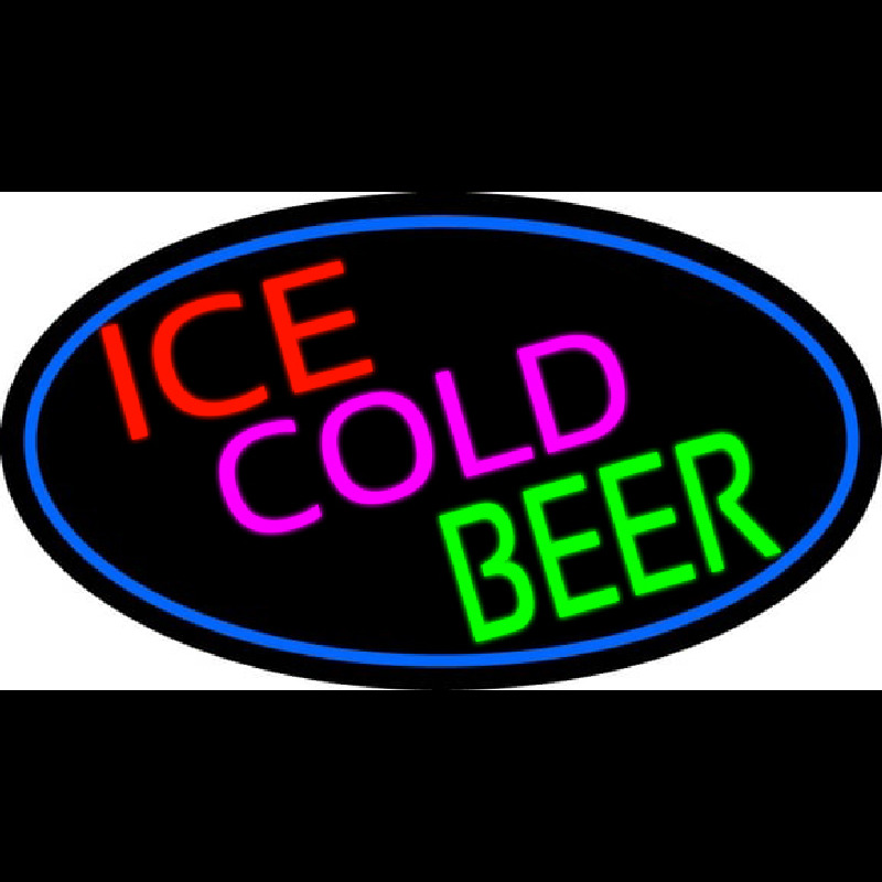 Ice Cold Beer Oval With Blue Border Neon Sign