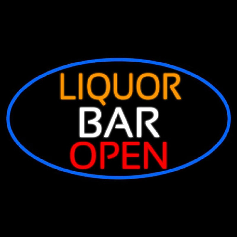 Liquor Bar Open Oval With Blue Border Neon Sign