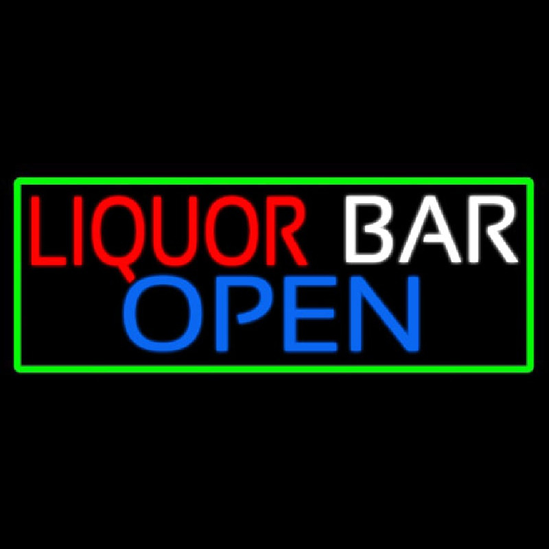 Liquor Bar Open With Green Border Neon Sign