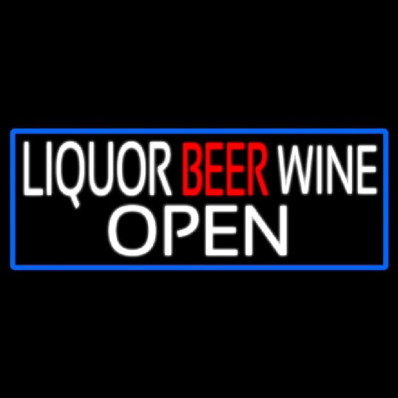 Liquor Beer Wine Open With Blue Border Neon Sign