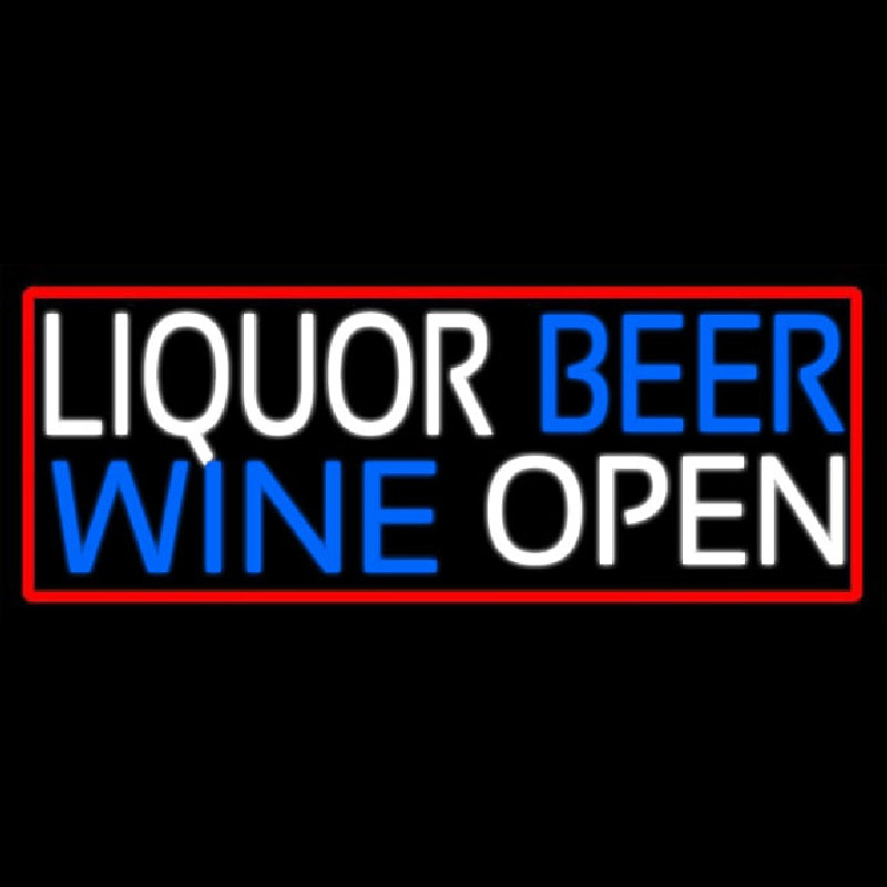 Liquor Beer Wine Open With Red Border Neon Sign