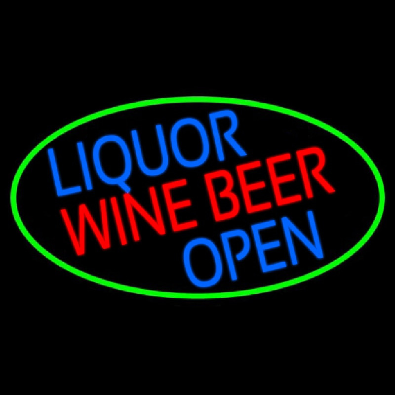 Liquor Wine Beer Open Oval With Green Border Neon Sign