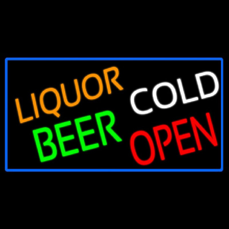 Liquors Beer Cold Open With Blue Border Neon Sign