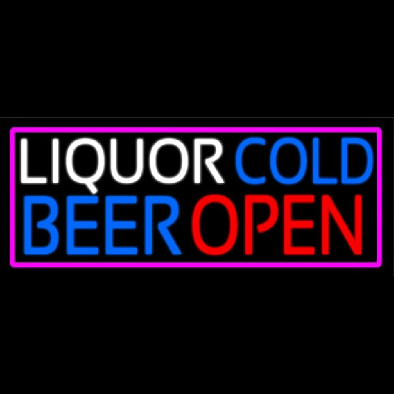 Liquors Cold Beer Open With Pink Border Neon Sign