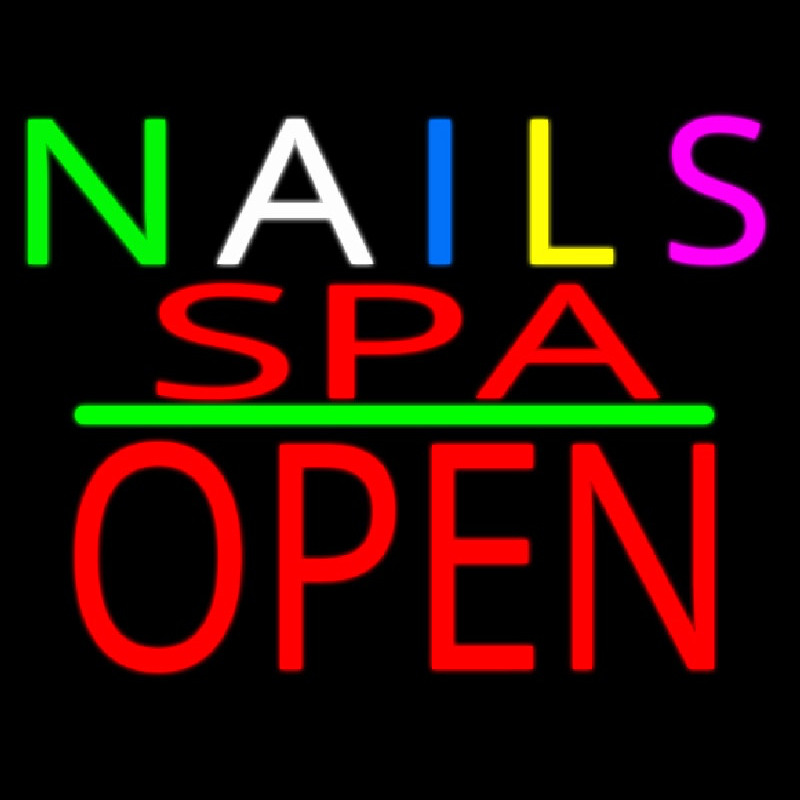 Multi Colored Nails Spa Block Open Green Line Neon Sign