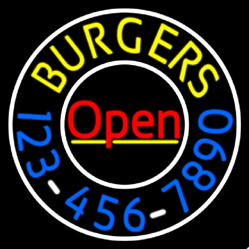 Open Burgers With Numbers Circle Neon Sign