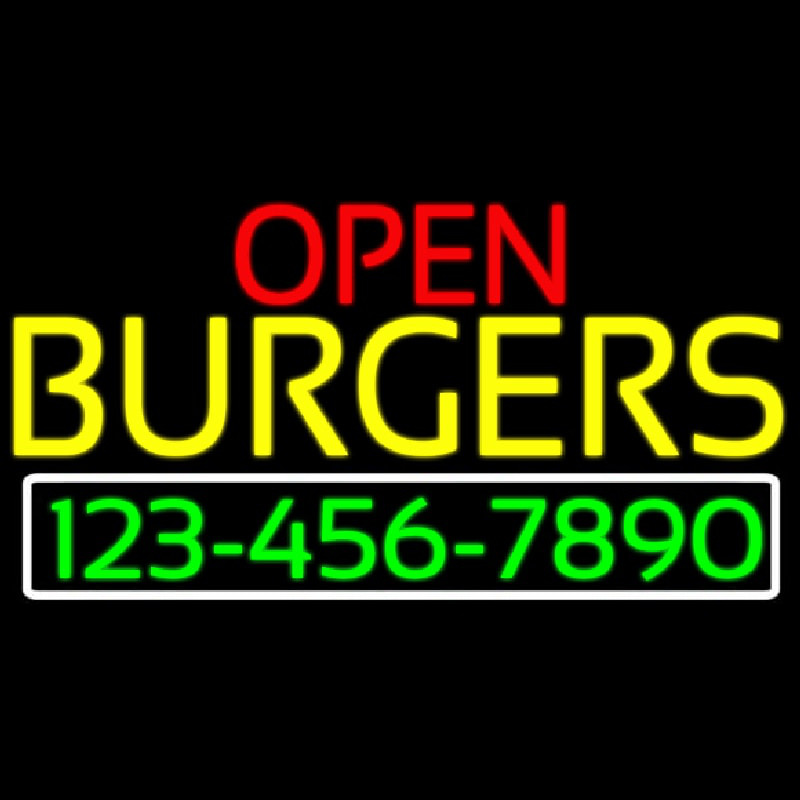 Open Burgers With Numbers Neon Sign