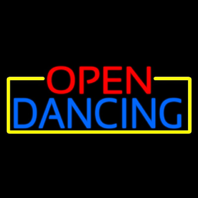 Open Dancing With Yellow Border Neon Sign