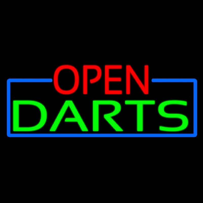 Open Darts With Blue Border Neon Sign