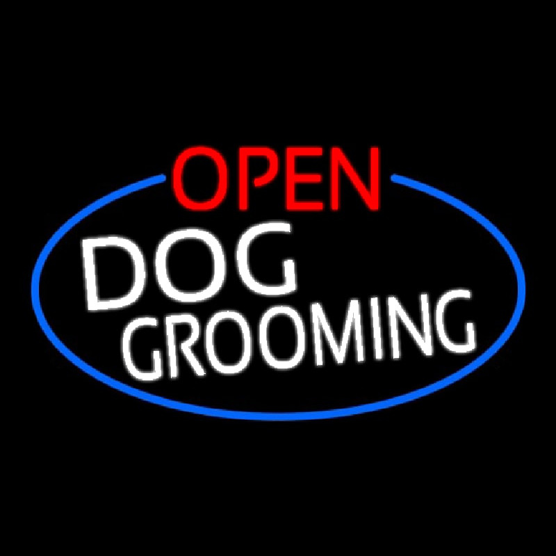 Open Dog Grooming Oval With Blue Border Neon Sign