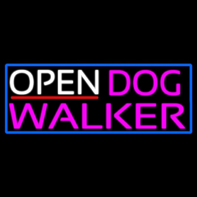 Open Dog Walker With Blue Border Neon Sign