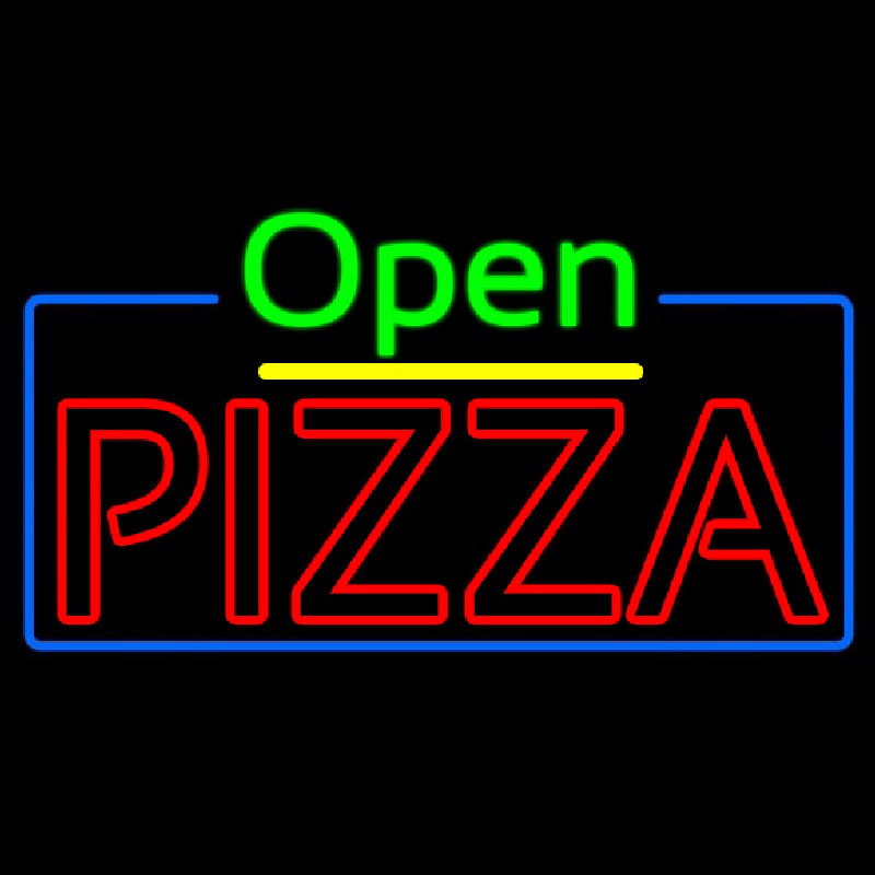 Open Double Stroke Pizza With Blue Border Neon Sign