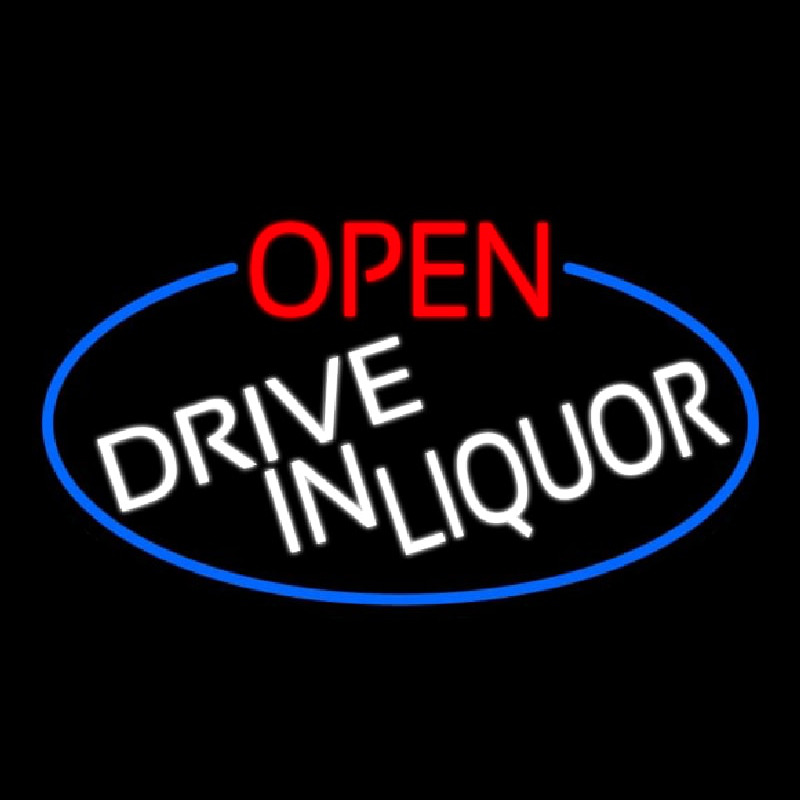Open Drive In Liquor Oval With Blue Border Neon Sign