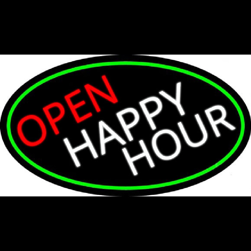 Open Happy Hour Oval With Green Border Neon Sign