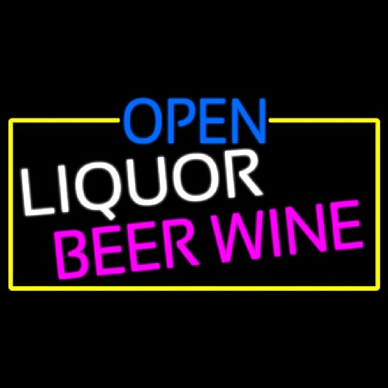 Open Liquor Beer Wine With Yellow Border Neon Sign