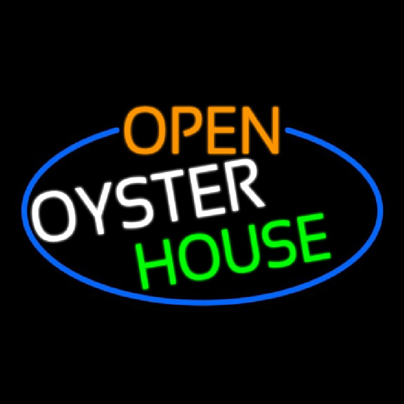 Open Oyster House Oval With Blue Border Neon Sign