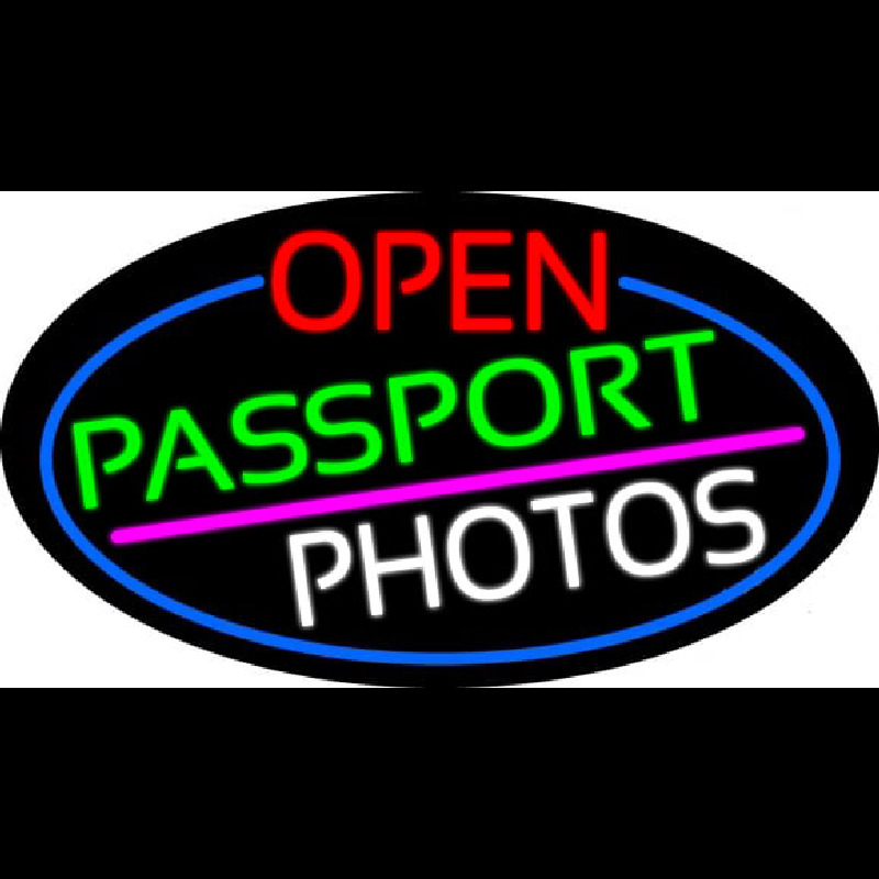 Open Passport Photos Oval With Blue Border Neon Sign