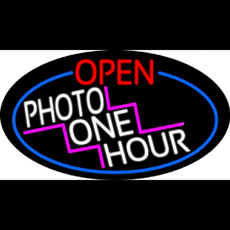 Open Photo One Hour Oval With Red Border Neon Sign