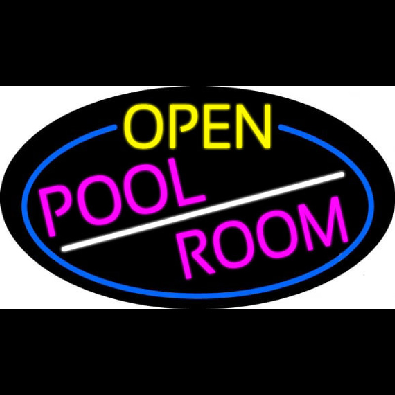 Open Pool Room Oval With Blue Border Neon Sign