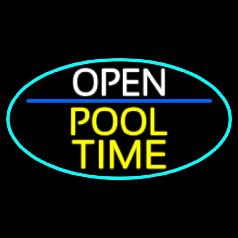 Open Pool Time Oval With Turquoise Border Neon Sign