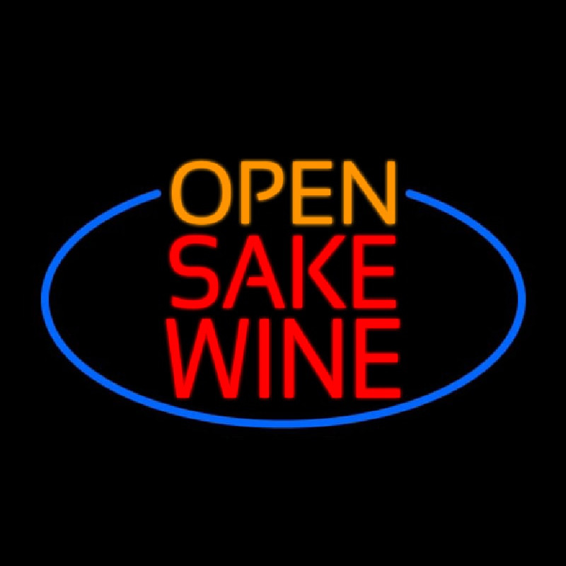 Open Sake Wine Oval With Blue Border Neon Sign