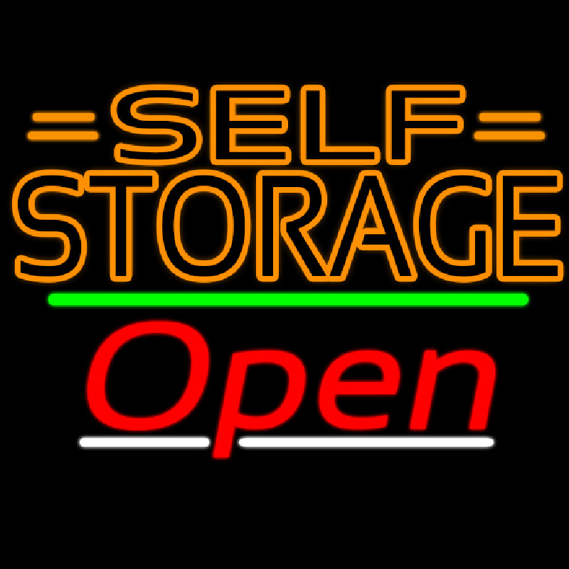 Orange Self Storage Block With Open 3 Neon Sign
